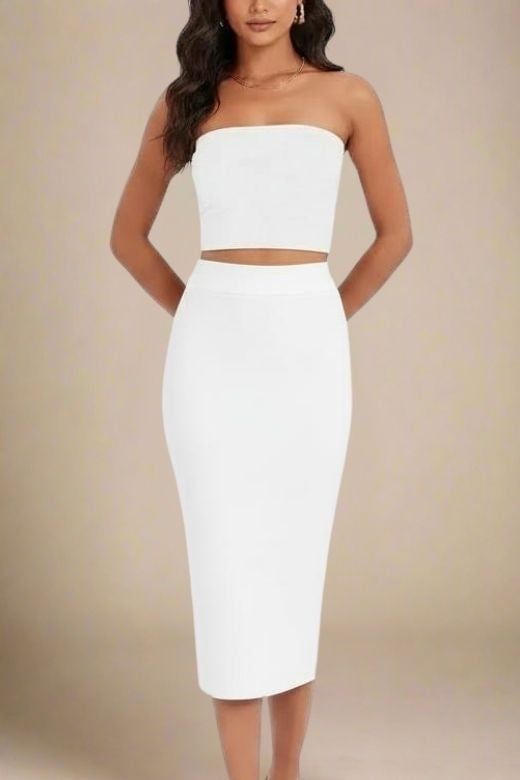 Woman wearing a figure flattering  Pencil High Waist Bandage Midi Skirt - White Pearl BODYCON COLLECTION