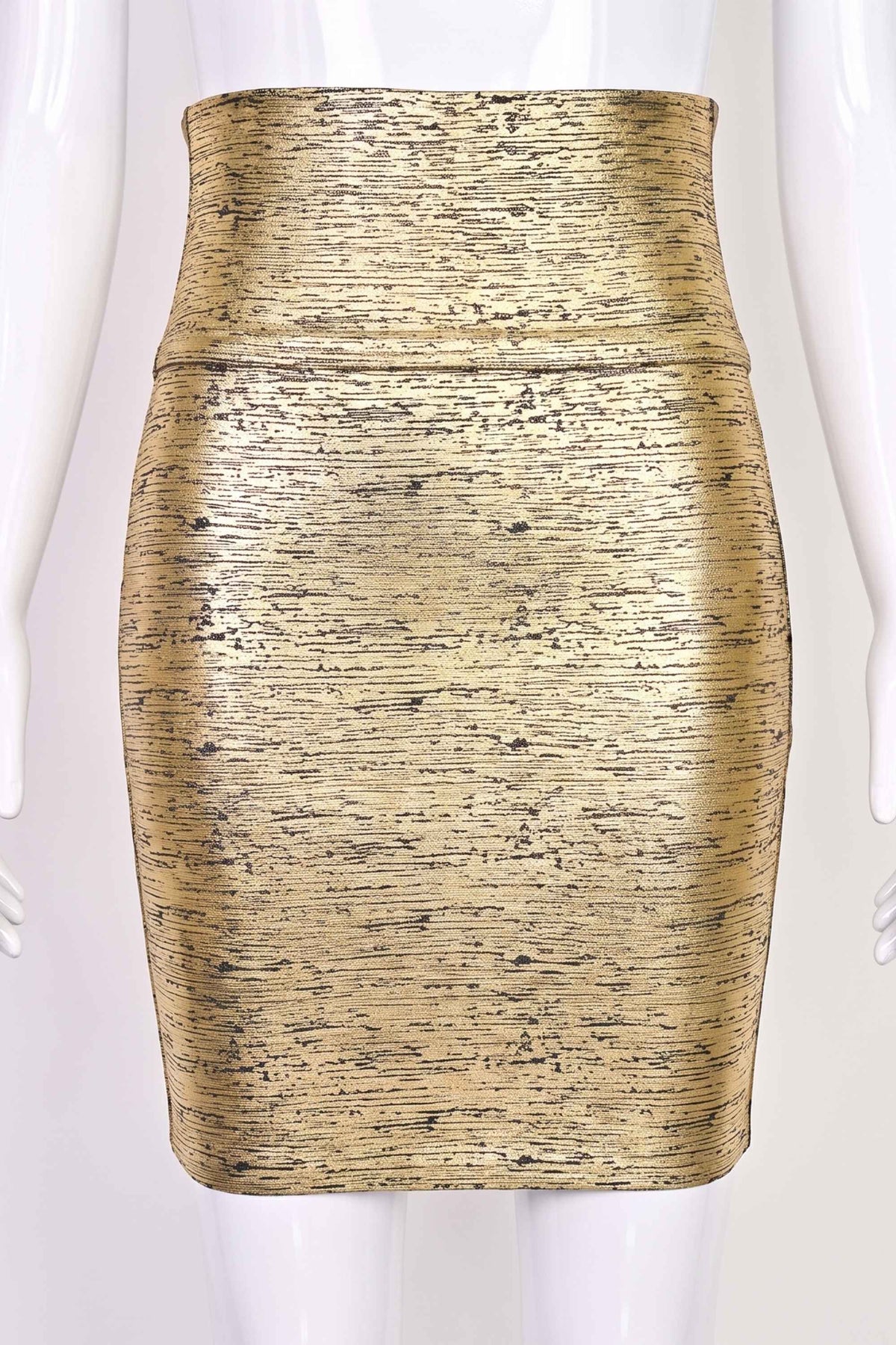 Woman wearing a figure flattering  Pencil High Waist Bandage Mini Skirt - Gold Metallic BODYCON COLLECTION