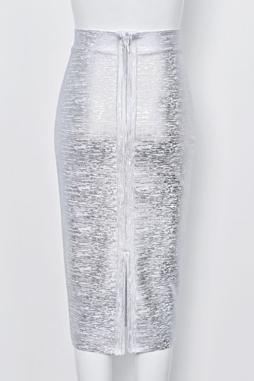 Woman wearing a figure flattering  Pencil High Waist Leather Metallic Midi Skirt - Silver BODYCON COLLECTION