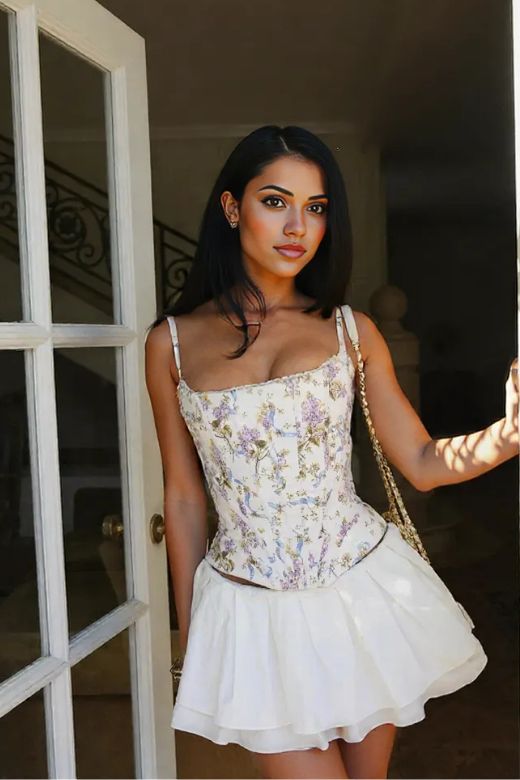 Woman wearing a figure flattering  Penny Corset Top - Beige Cream BODYCON COLLECTION Pty Ltd