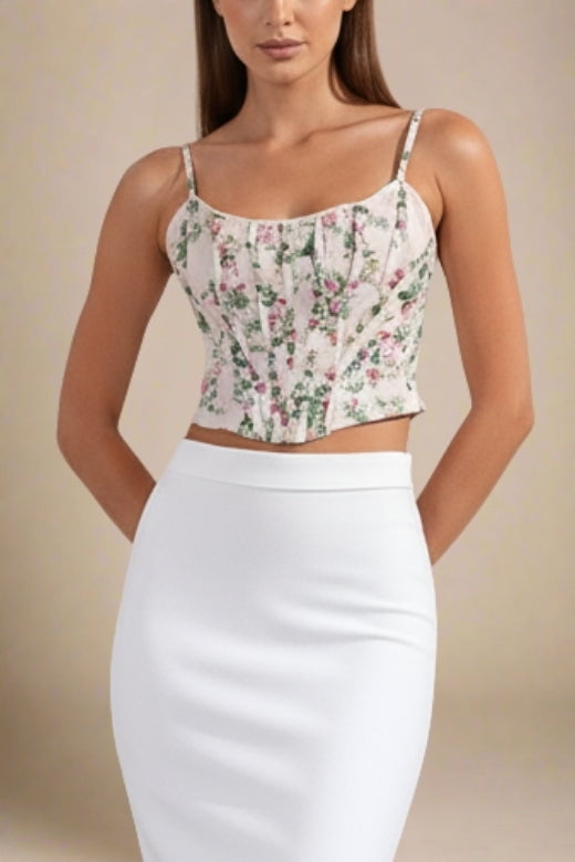 Woman wearing a figure flattering  Penny Top - Beige Cream BODYCON COLLECTION Pty Ltd