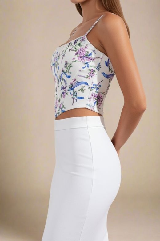 Woman wearing a figure flattering  Penny Top - White Floral BODYCON COLLECTION Pty Ltd