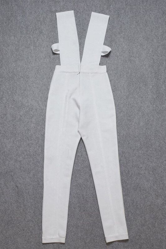 Woman wearing a figure flattering  Pia Bandage Pants Jumpsuit - Pearl White BODYCON COLLECTION