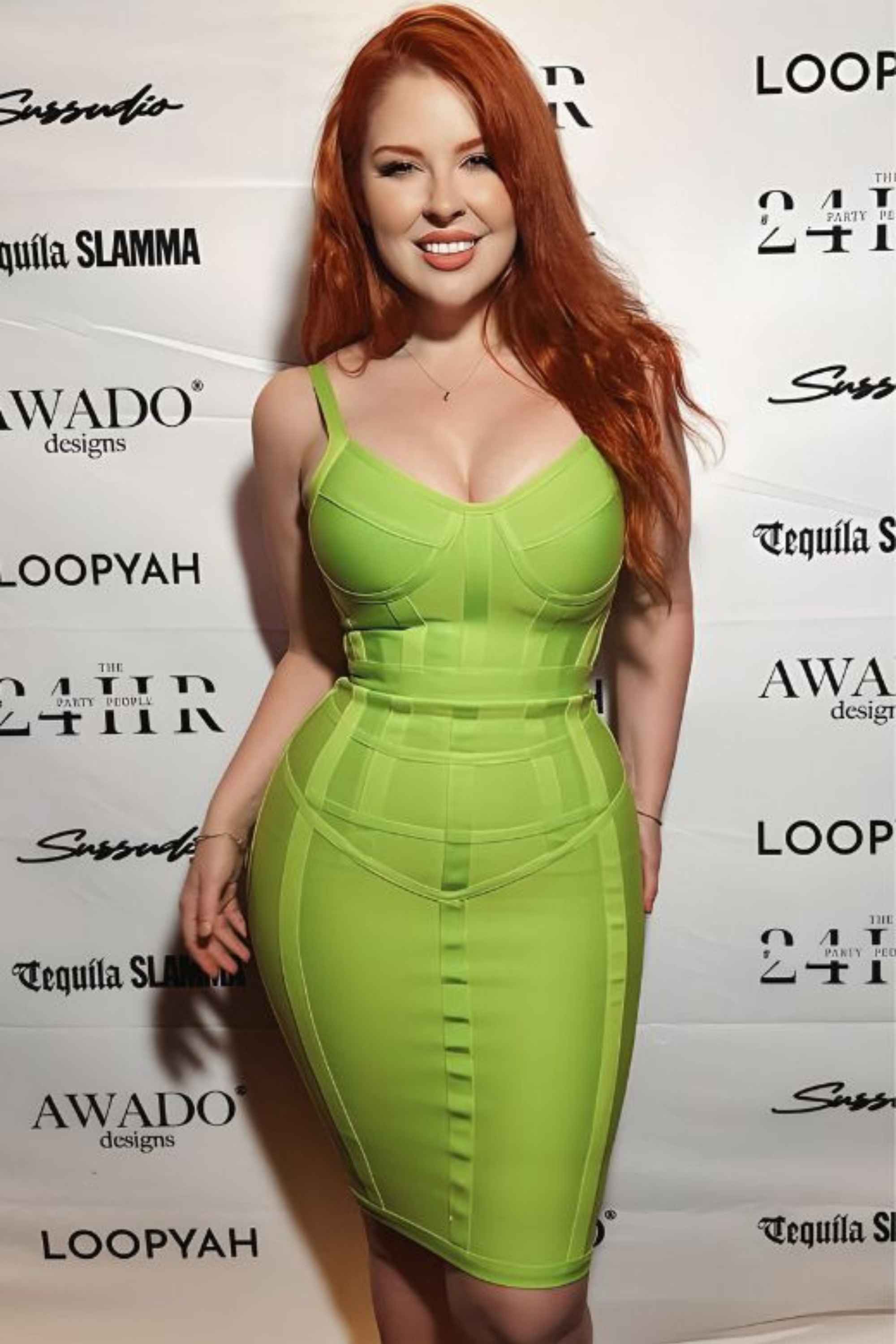 Woman wearing a figure flattering  Pip Bandage Corset Dress - Neon Green Bodycon Collection