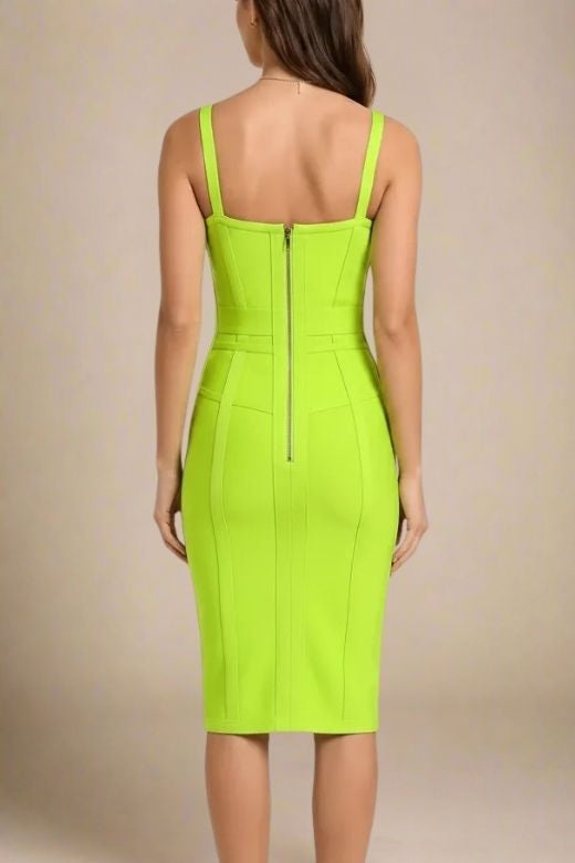 Woman wearing a figure flattering  Pip Bandage Corset Dress - Neon Green Bodycon Collection