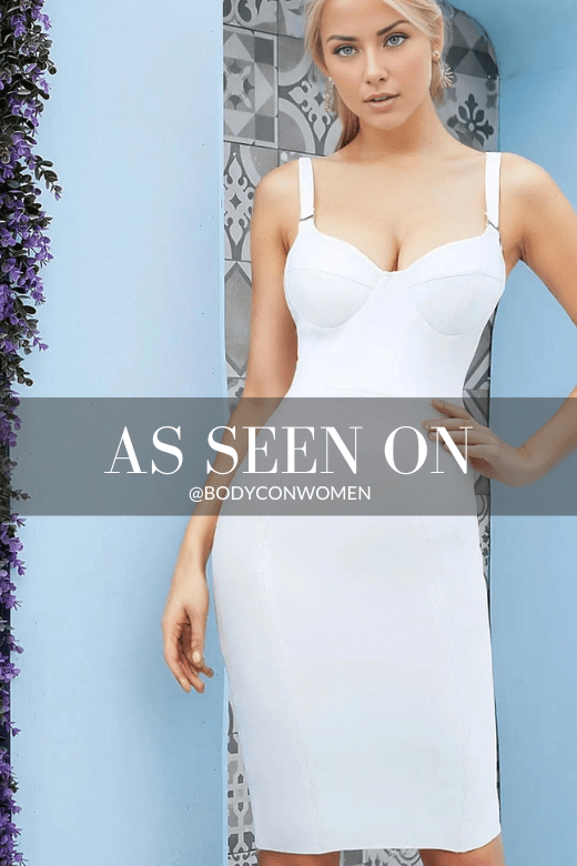 Woman wearing a figure flattering  Polly Bandage Dress - Pearl White BODYCON COLLECTION