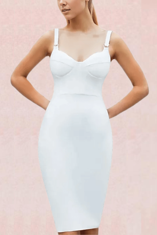 Woman wearing a figure flattering  Polly Bandage Dress - Pearl White BODYCON COLLECTION