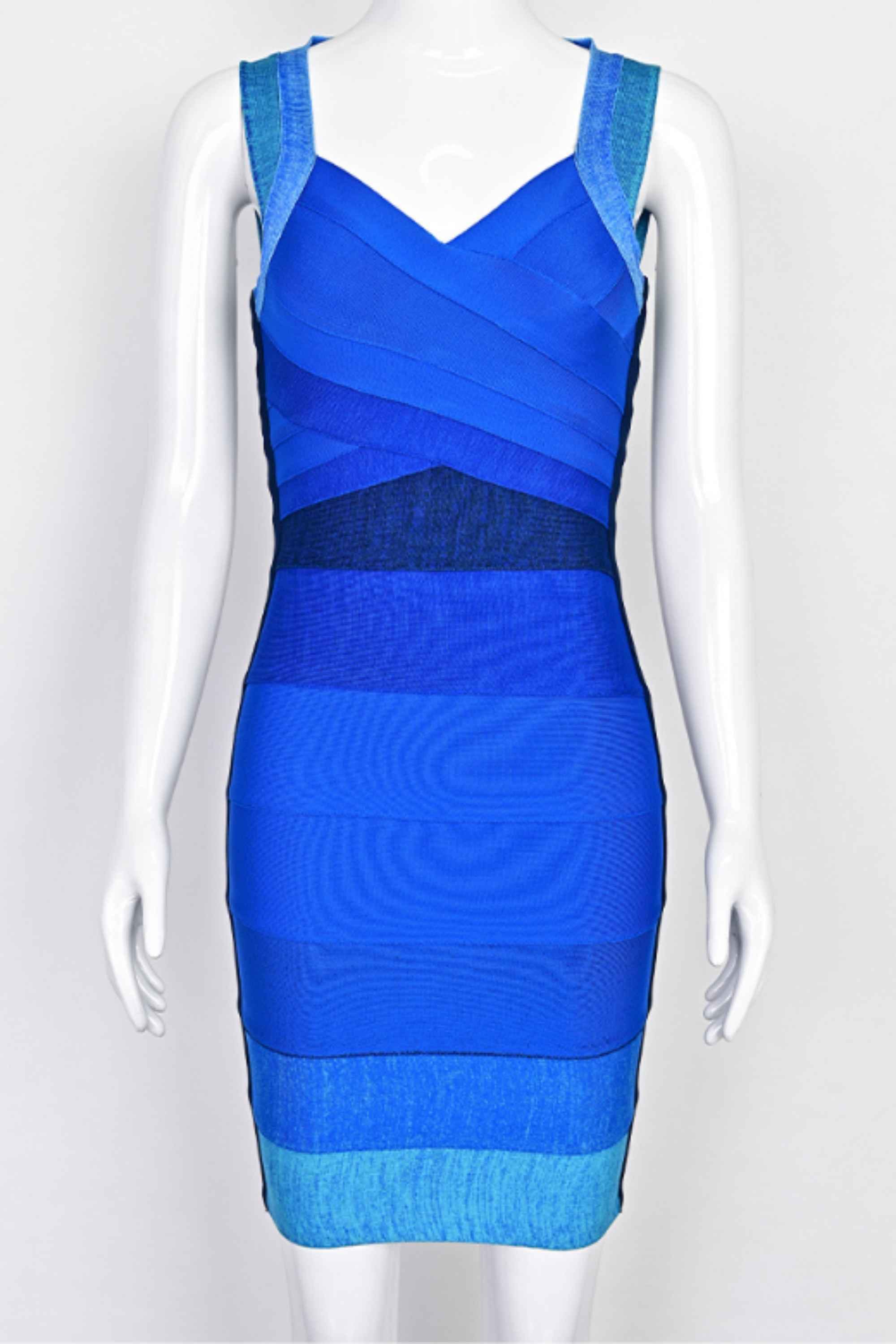 Woman wearing a figure flattering  Portia Bandage Mini Dress - Royal Blue BODYCON COLLECTION Pty Ltd