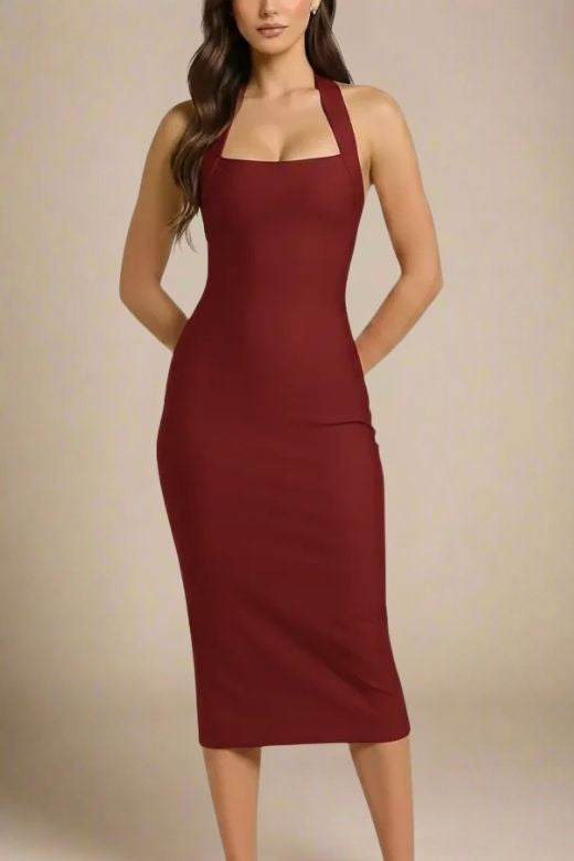 Woman wearing a figure flattering  Raya Bodycon Midi Dress - Red Wine BODYCON COLLECTION Pty Ltd