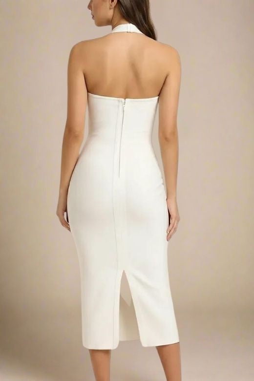 Woman wearing a figure flattering  Raya Bodycon Midi Dress - White Pearl BODYCON COLLECTION Pty Ltd