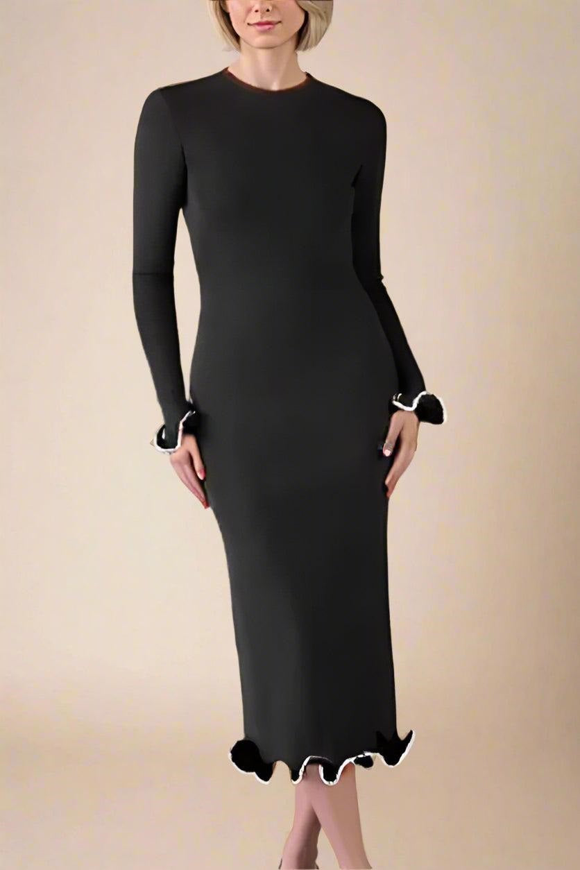 Woman wearing a figure flattering  Regina Long Sleeve Bodycon Maxi Dress - Classic Black BODYCON COLLECTION