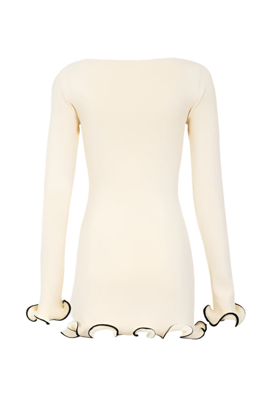 Woman wearing a figure flattering  Regina Long Sleeve Bodycon Mini Dress - Cream BODYCON COLLECTION