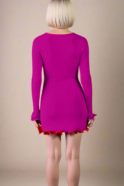 Woman wearing a figure flattering  Regina Long Sleeve Bodycon Mini Dress - Magenta Pink BODYCON COLLECTION