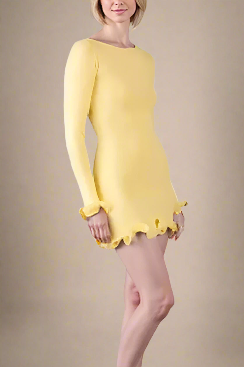 Woman wearing a figure flattering  Regina Long Sleeve Bodycon Mini Dress - Sun Yellow BODYCON COLLECTION