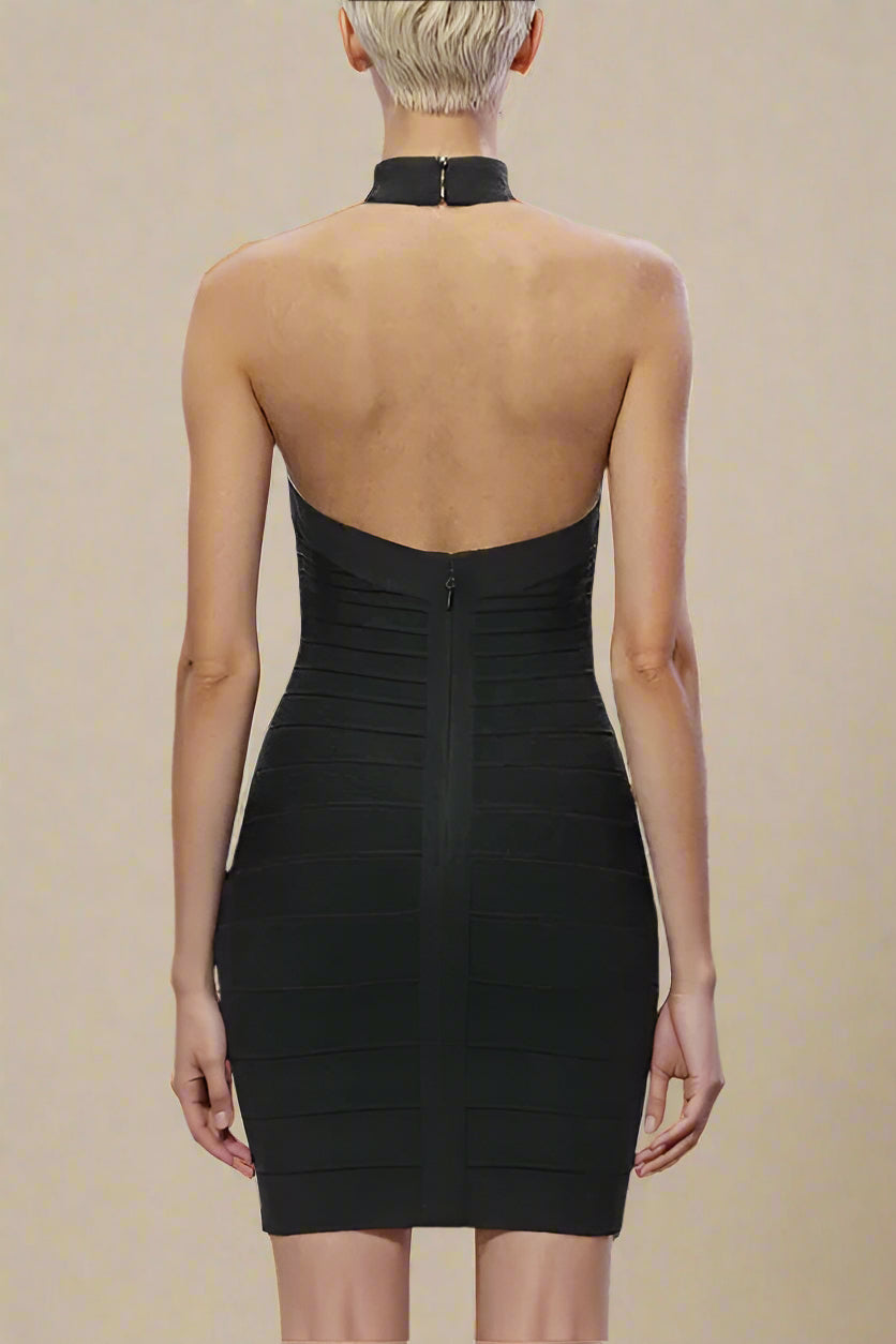 Woman wearing a figure flattering  Remi Bandage Mini Dress - Classic Black BODYCON COLLECTION Pty Ltd