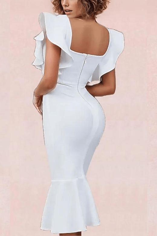 Woman wearing a figure flattering  Rhea Bodycon Midi Dress - Pearl White BODYCON COLLECTION