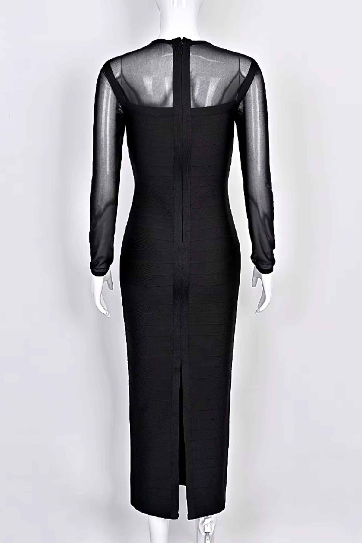 Woman wearing a figure flattering  Robin Long Sleeve Bandage Maxi Dress - Classic Black BODYCON COLLECTION Pty Ltd