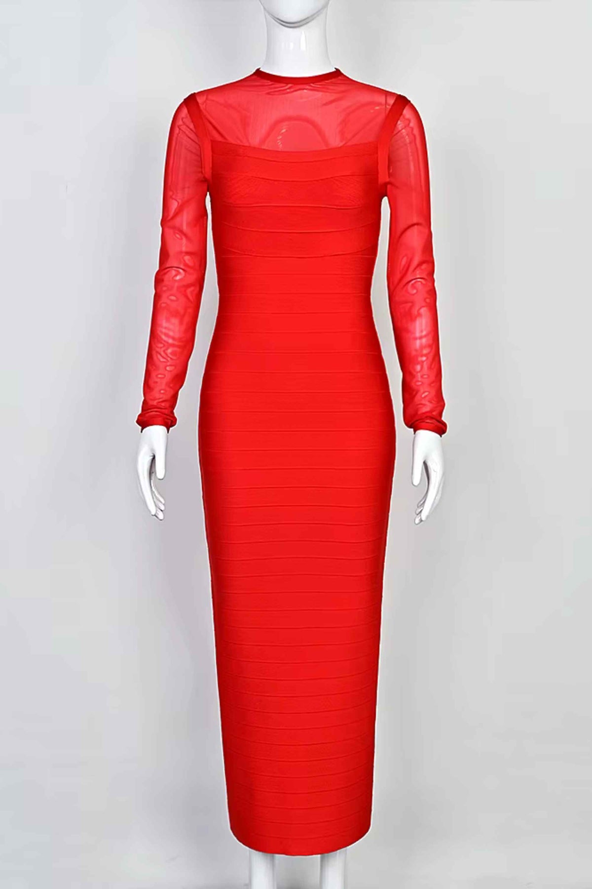Woman wearing a figure flattering  Robin Long Sleeve Bandage Maxi Dress - Lipstick Red BODYCON COLLECTION Pty Ltd