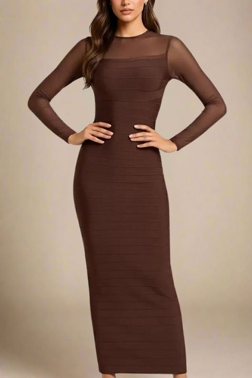 Woman wearing a figure flattering  Robin Long Sleeve Bandage Maxi Dress - Tan Brown BODYCON COLLECTION Pty Ltd