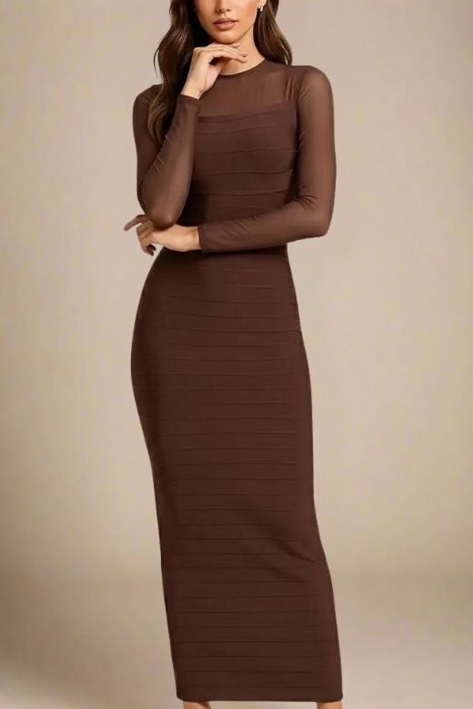 Woman wearing a figure flattering  Robin Long Sleeve Bandage Maxi Dress - Tan Brown BODYCON COLLECTION Pty Ltd