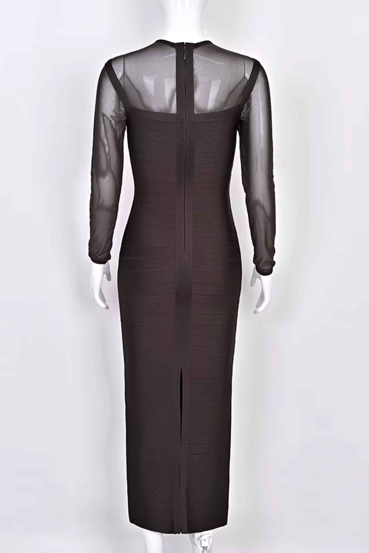 Woman wearing a figure flattering  Robin Long Sleeve Bandage Maxi Dress - Tan Brown BODYCON COLLECTION Pty Ltd