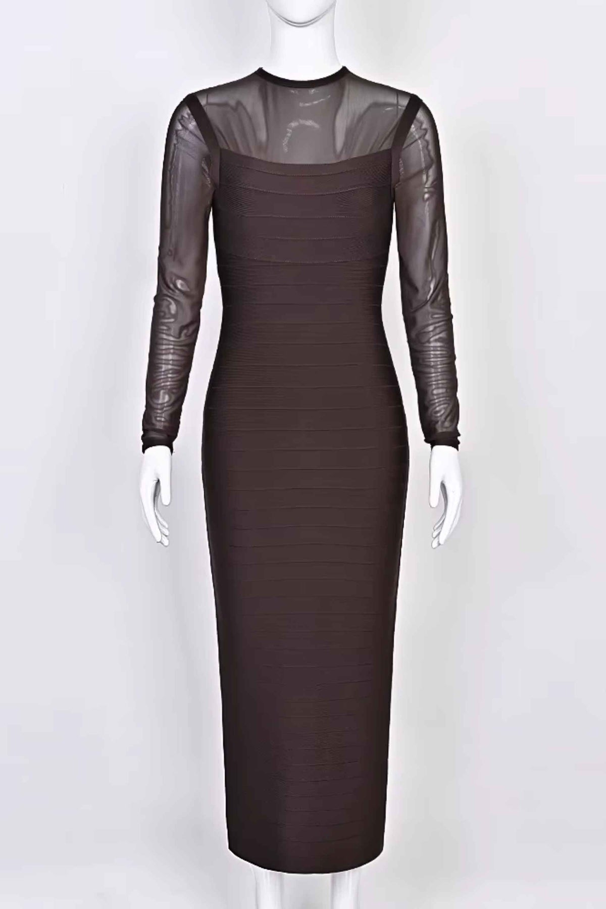 Woman wearing a figure flattering  Robin Long Sleeve Bandage Maxi Dress - Tan Brown BODYCON COLLECTION Pty Ltd
