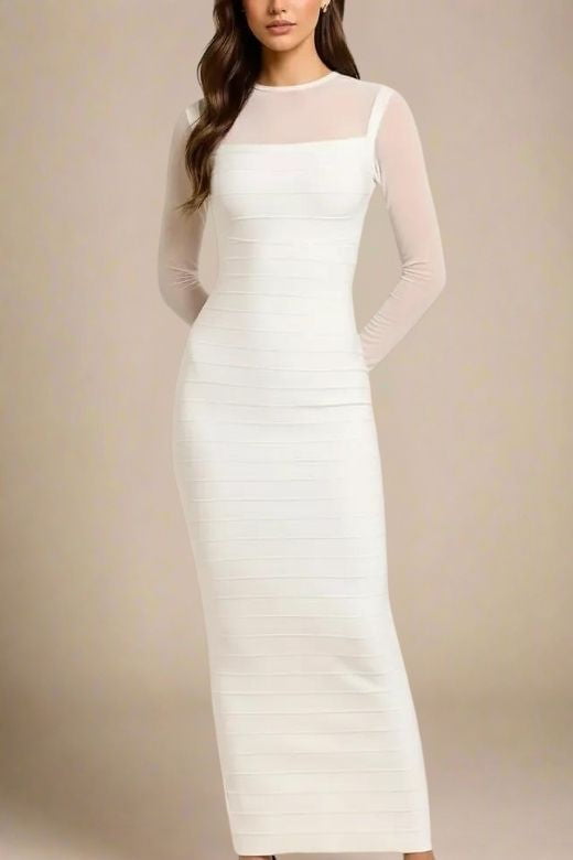 Woman wearing a figure flattering  Robin Long Sleeve Bandage Maxi Dress - White Pearl BODYCON COLLECTION Pty Ltd