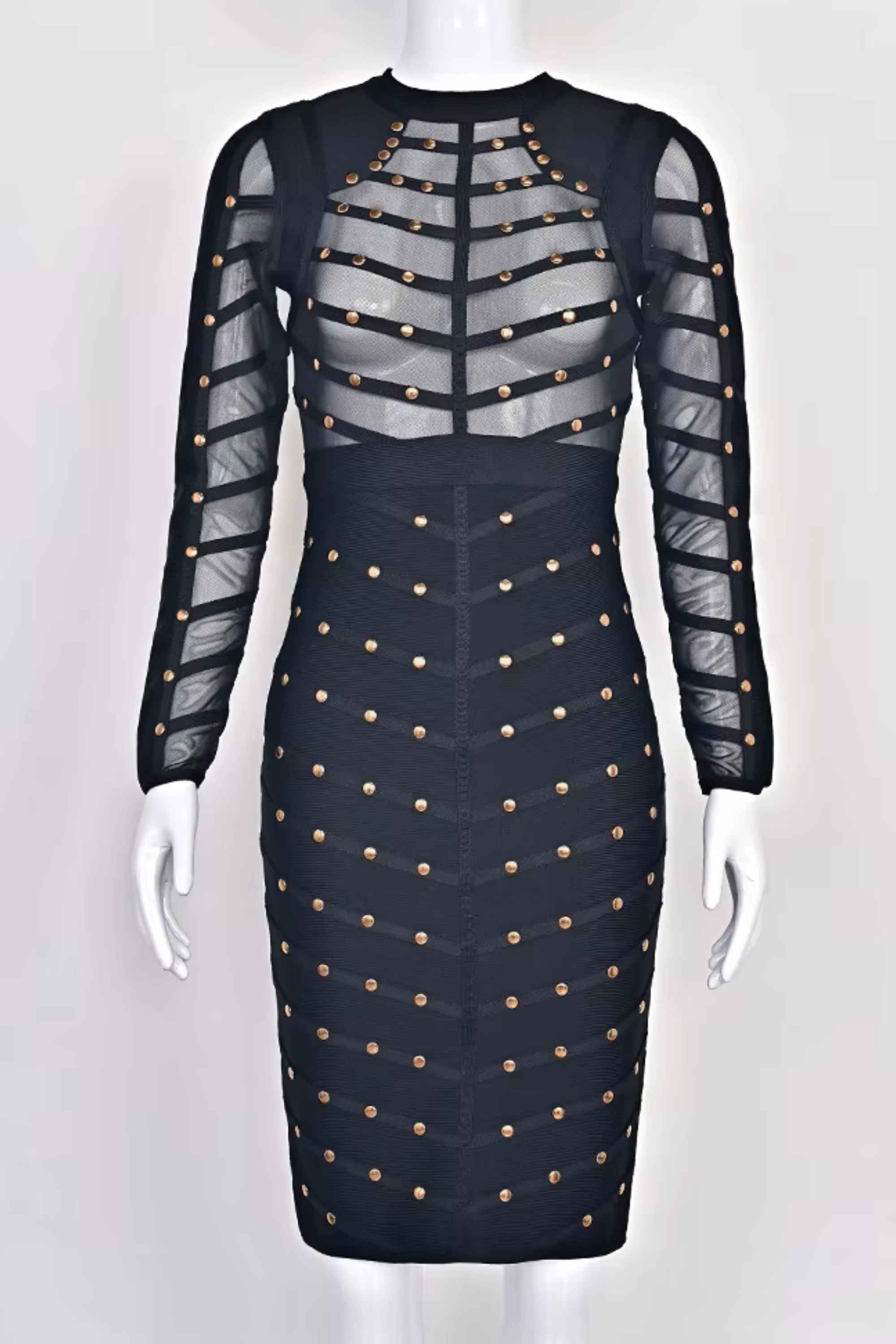 Woman wearing a figure flattering  Rosa Long Sleeve Bodycon Dress - Classic Black BODYCON COLLECTION