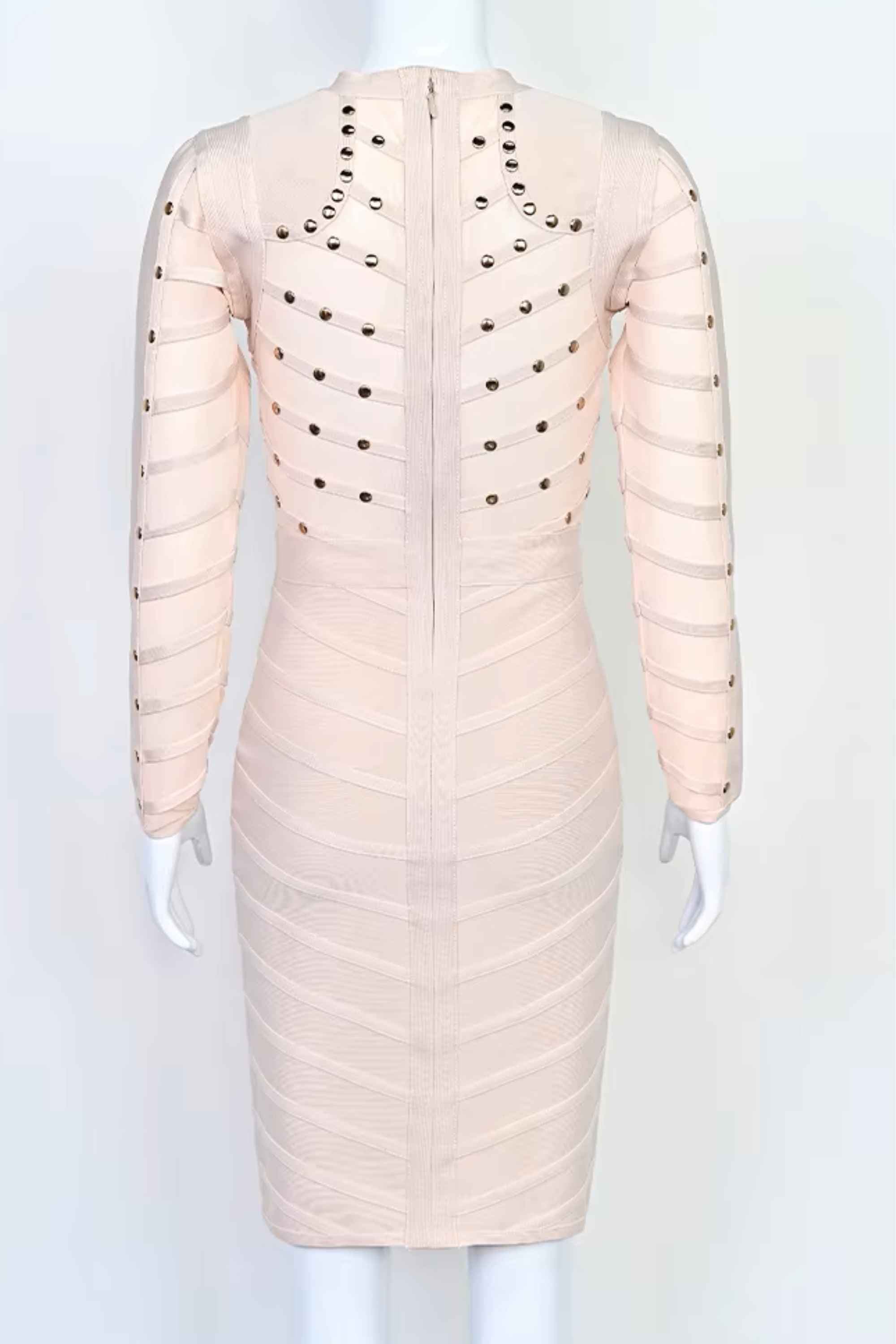Woman wearing a figure flattering  Rosa Long Sleeve Bodycon Dress - Cream BODYCON COLLECTION