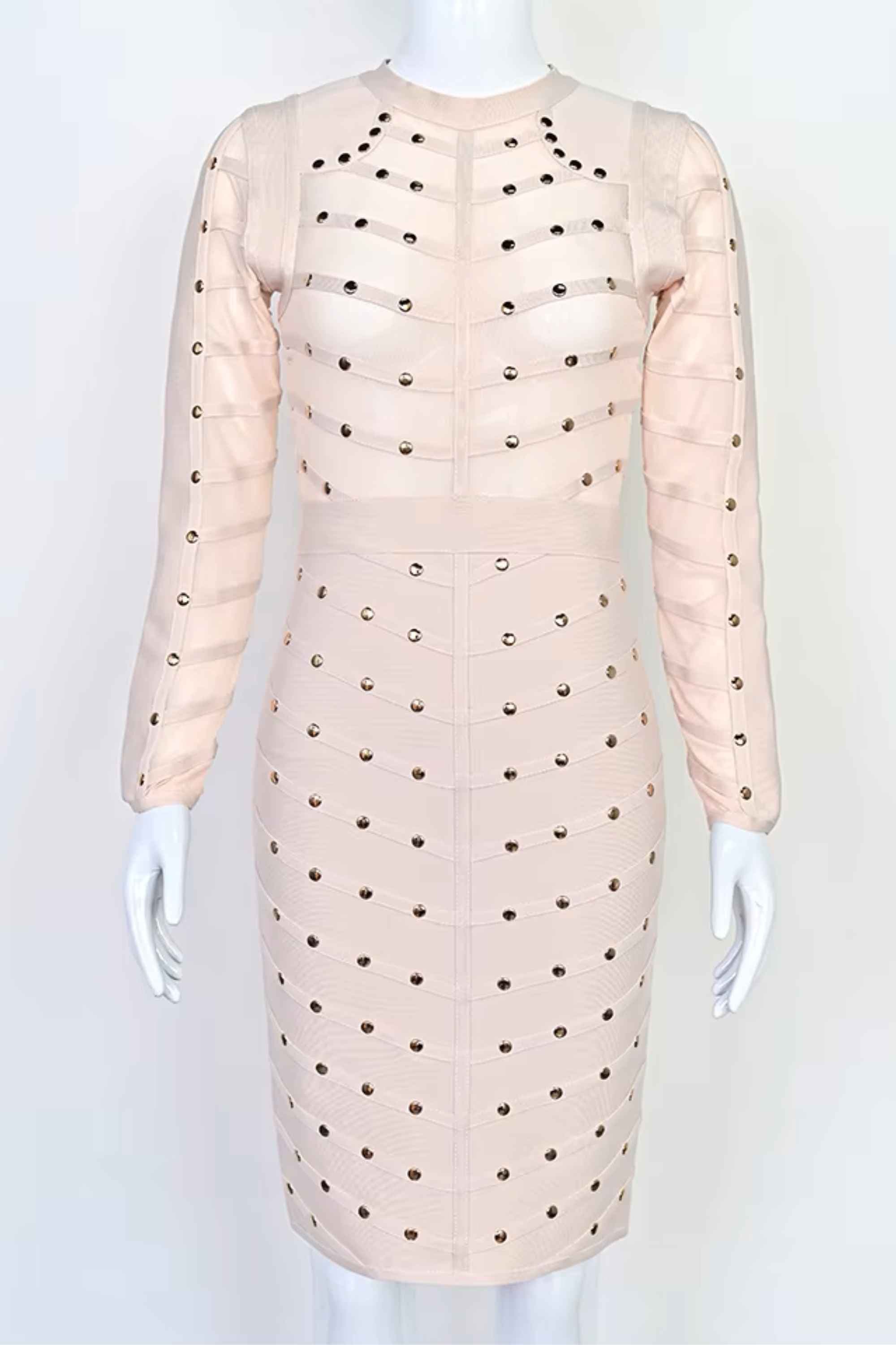 Woman wearing a figure flattering  Rosa Long Sleeve Bodycon Dress - Cream BODYCON COLLECTION