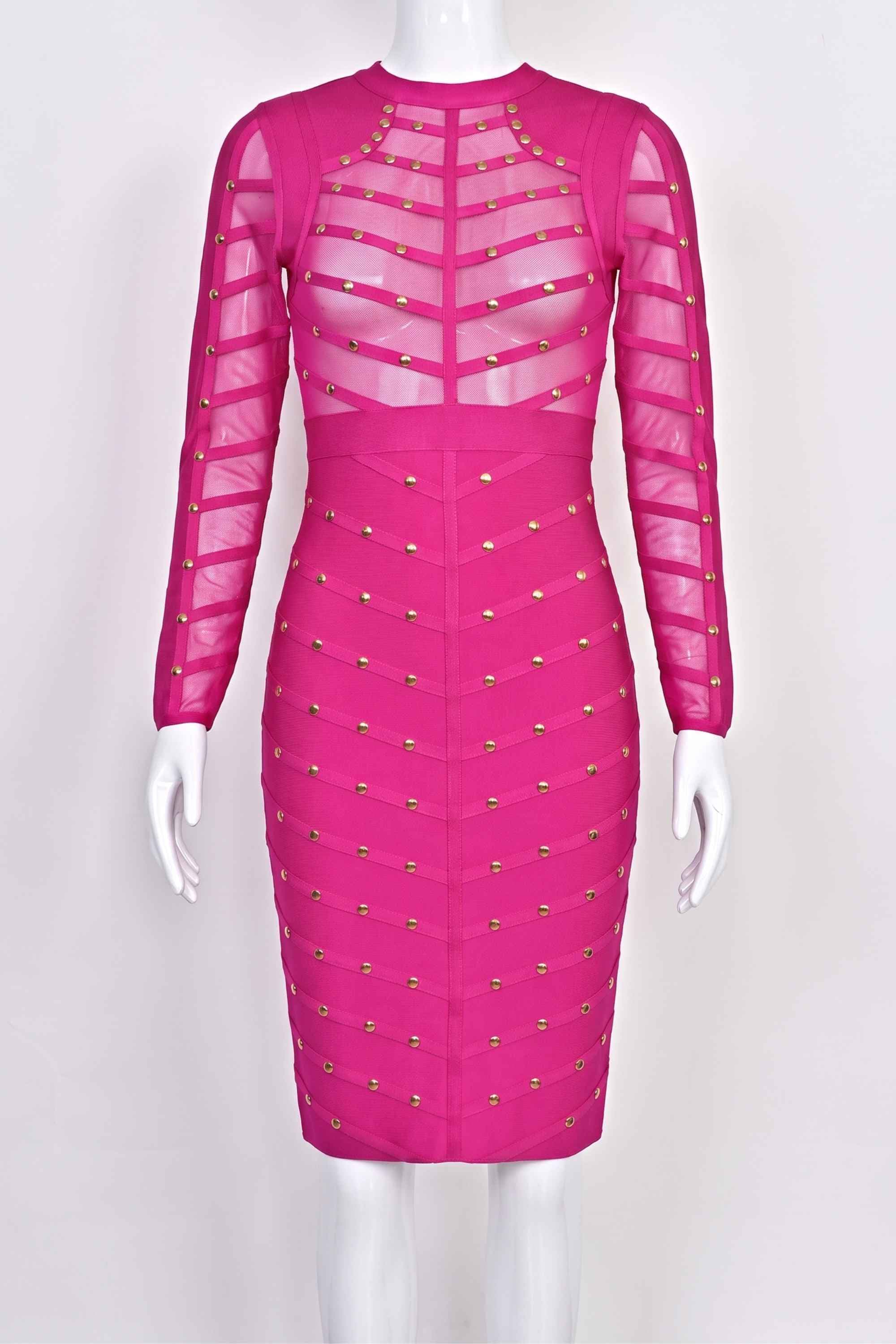 Woman wearing a figure flattering  Rosa Long Sleeve Bodycon Dress - Hot Pink BODYCON COLLECTION