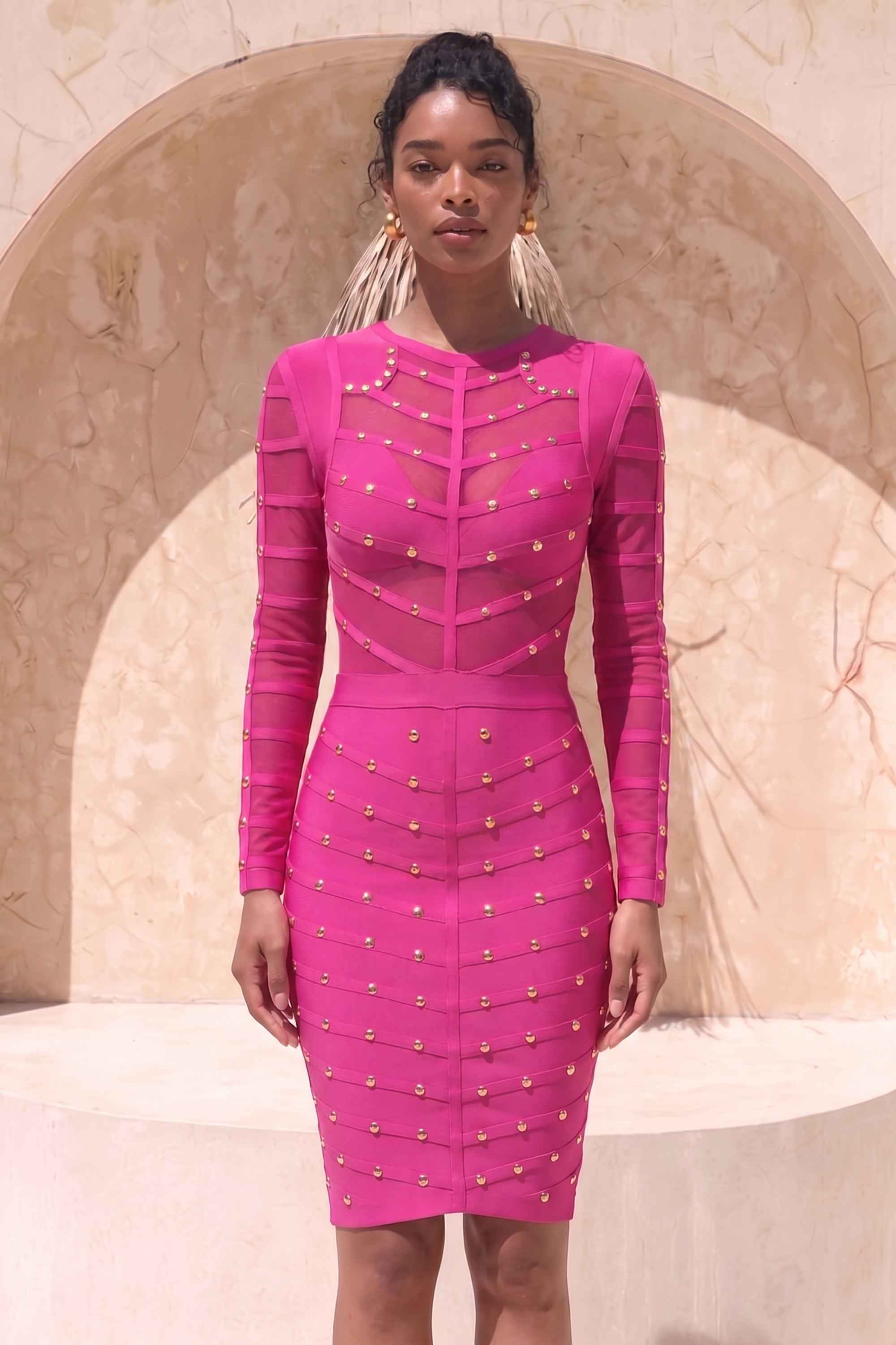 Woman wearing a figure flattering  Rosa Long Sleeve Bodycon Dress - Neon Purple BODYCON COLLECTION