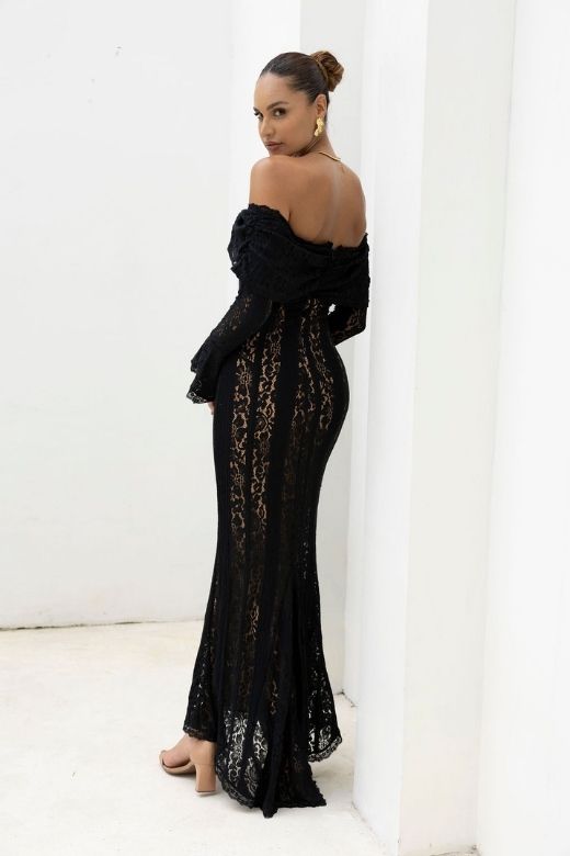 Woman wearing a figure flattering  Rose Long Sleeve Bodycon Maxi Dress - Classic Black BODYCON COLLECTION