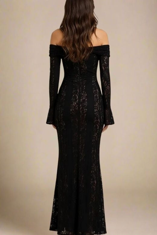 Woman wearing a figure flattering  Rose Long Sleeve Bodycon Maxi Dress - Classic Black BODYCON COLLECTION