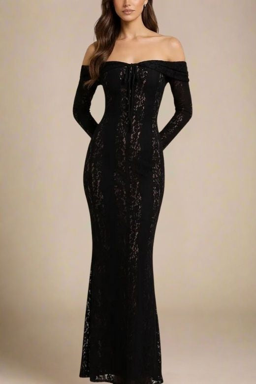 Woman wearing a figure flattering  Rose Long Sleeve Bodycon Maxi Dress - Classic Black BODYCON COLLECTION