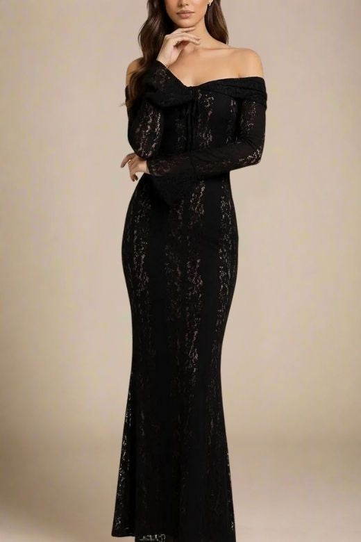 Woman wearing a figure flattering  Rose Long Sleeve Bodycon Maxi Dress - Classic Black BODYCON COLLECTION