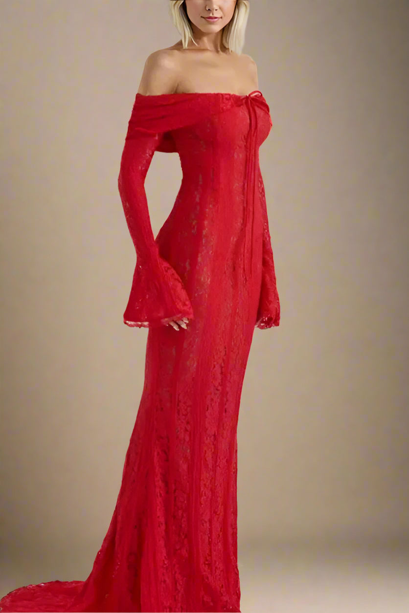 Woman wearing a figure flattering  Rose Long Sleeve Bodycon Maxi Dress - Lipstick Red BODYCON COLLECTION