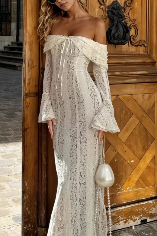 Woman wearing a figure flattering  Rose Long Sleeve Bodycon Maxi Dress - Pearl White BODYCON COLLECTION