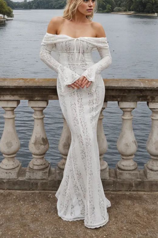 Woman wearing a figure flattering  Rose Long Sleeve Bodycon Maxi Dress - Pearl White BODYCON COLLECTION