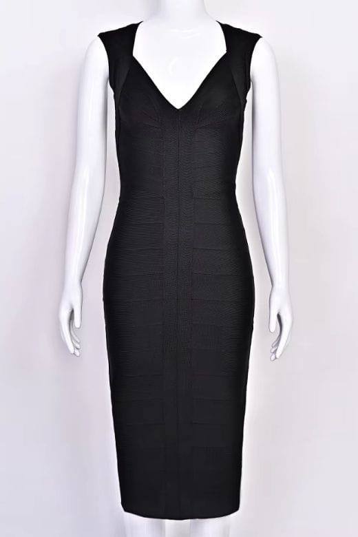 Woman wearing a figure flattering  Sabrina Bandage Midi Dress - Classic Black BODYCON COLLECTION Pty Ltd