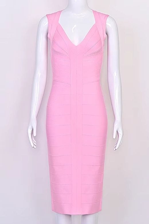 Woman wearing a figure flattering  Sabrina Bandage Midi Dress - Dusty Pink BODYCON COLLECTION Pty Ltd