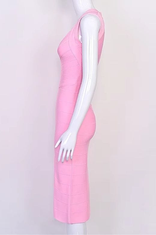 Woman wearing a figure flattering  Sabrina Bandage Midi Dress - Dusty Pink BODYCON COLLECTION Pty Ltd