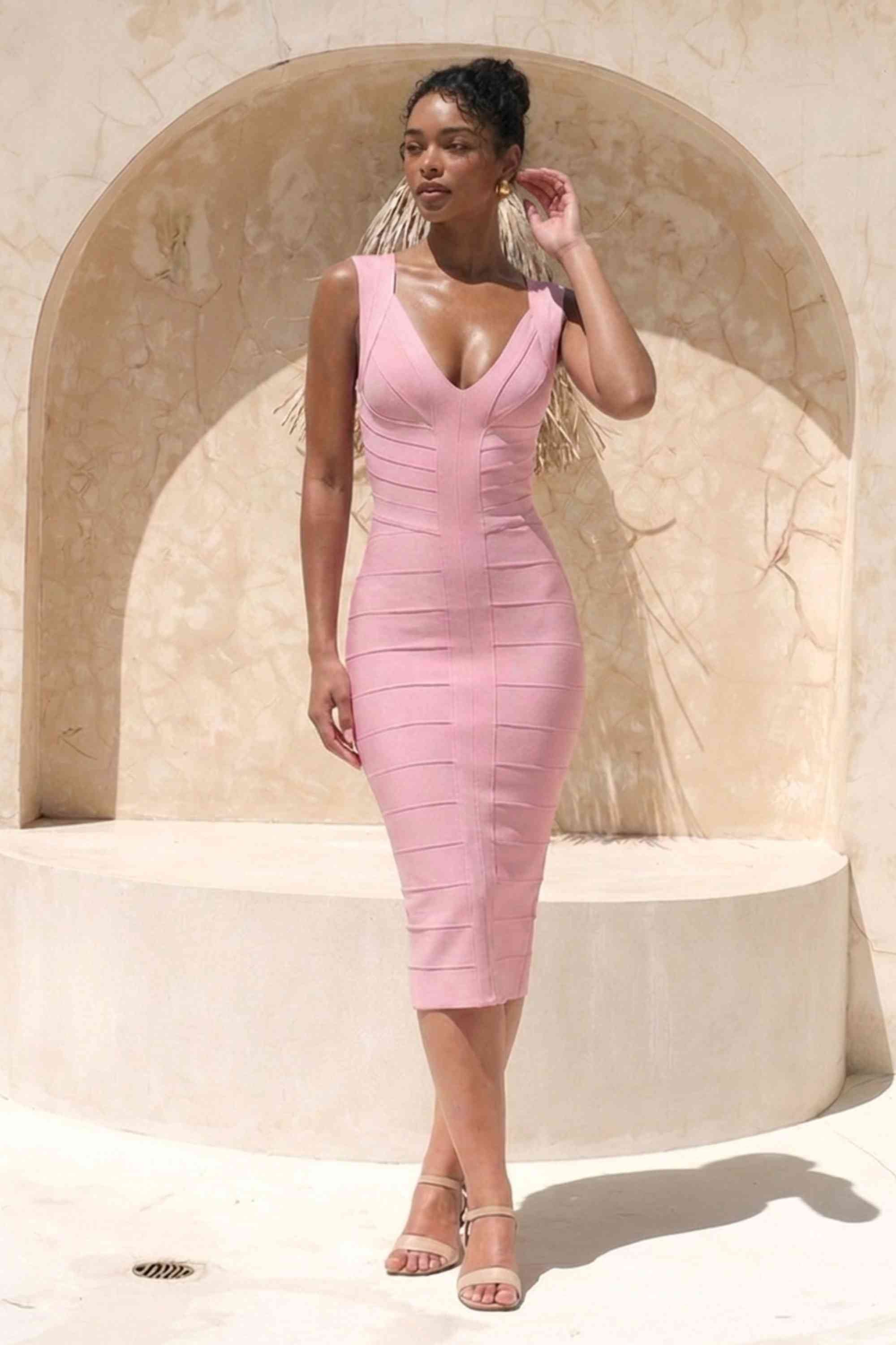 Woman wearing a figure flattering  Sabrina Bandage Midi Dress - Dusty Pink BODYCON COLLECTION Pty Ltd