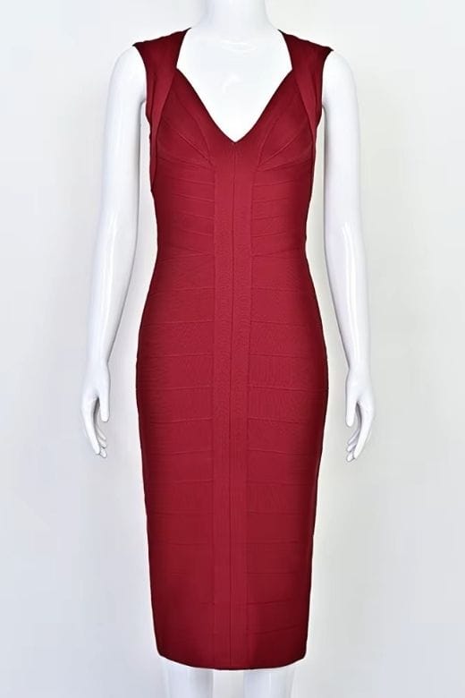 Woman wearing a figure flattering  Sabrina Bandage Midi Dress - Red Wine BODYCON COLLECTION Pty Ltd