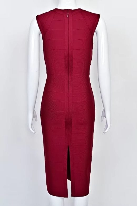 Woman wearing a figure flattering  Sabrina Bandage Midi Dress - Red Wine BODYCON COLLECTION Pty Ltd