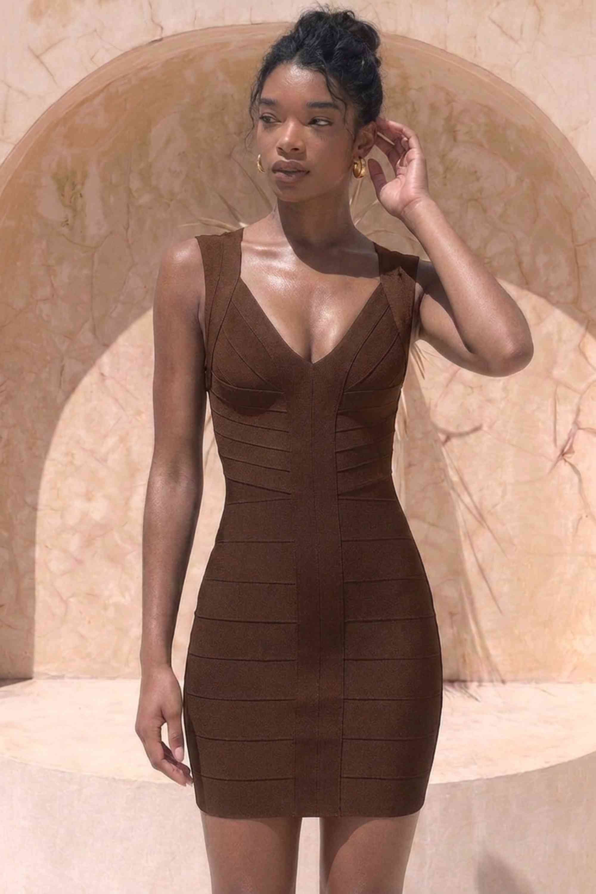 Woman wearing a figure flattering  Sabrina Bandage Mini Dress - Coffee Brown BODYCON COLLECTION Pty Ltd