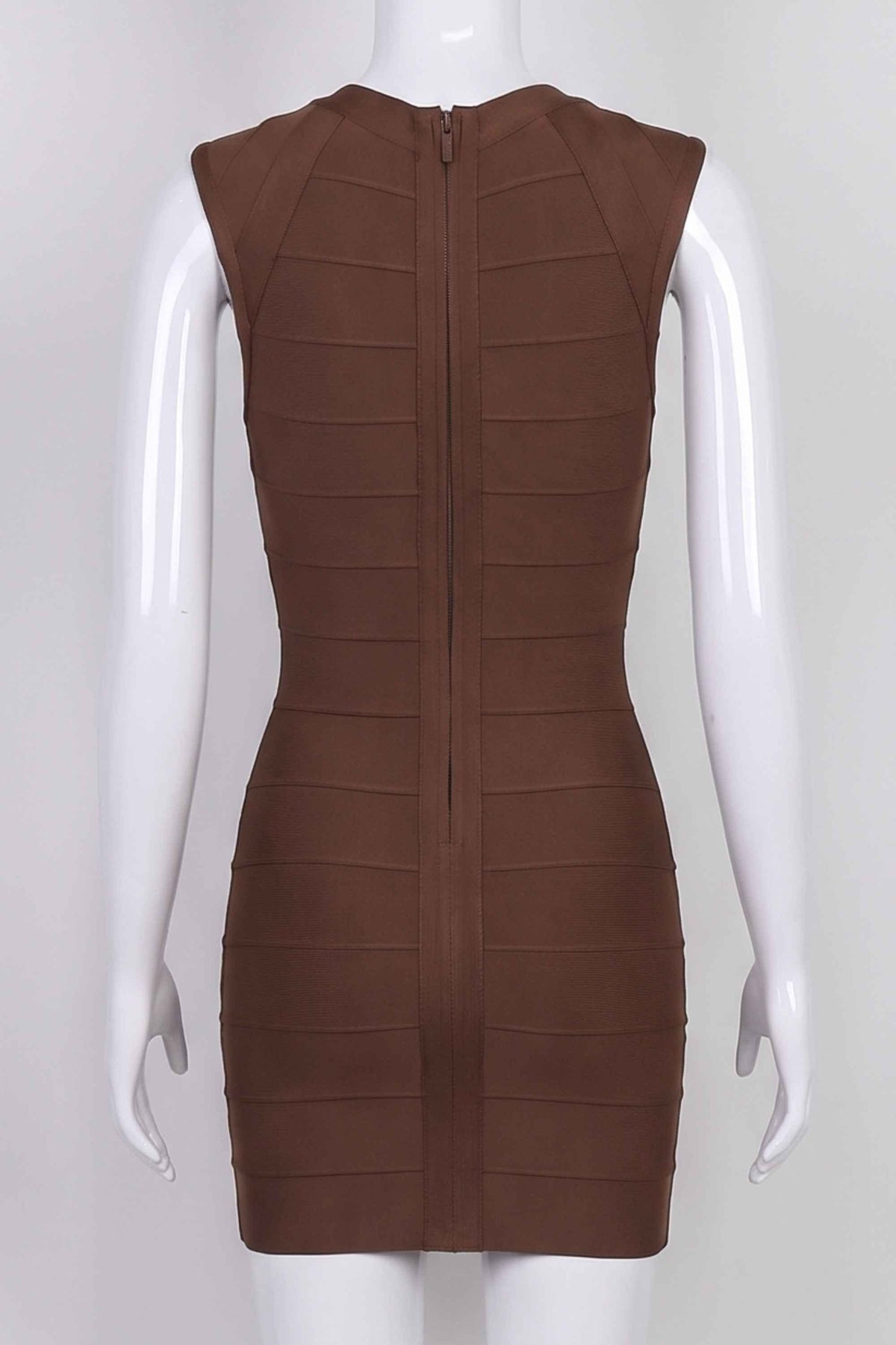 Woman wearing a figure flattering  Sabrina Bandage Mini Dress - Coffee Brown BODYCON COLLECTION Pty Ltd