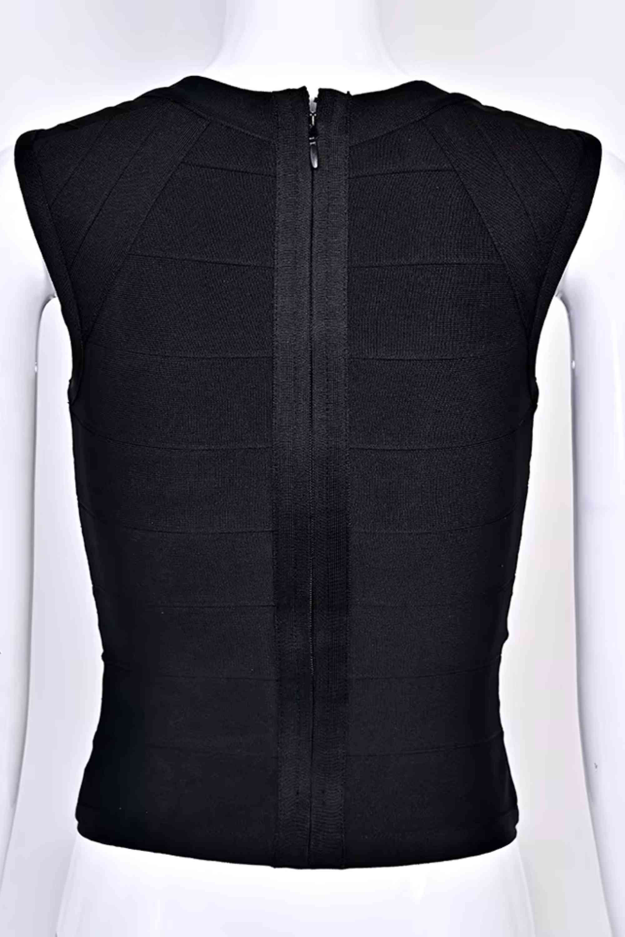 Woman wearing a figure flattering  Sabrina Bandage Top - Classic Black BODYCON COLLECTION Pty Ltd