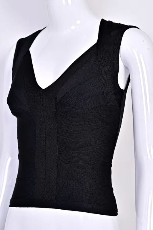 Woman wearing a figure flattering  Sabrina Bandage Top - Classic Black BODYCON COLLECTION Pty Ltd