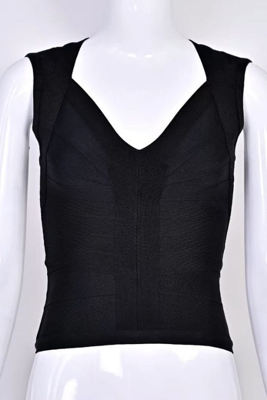 Woman wearing a figure flattering  Sabrina Bandage Top - Classic Black BODYCON COLLECTION Pty Ltd